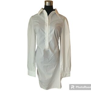 NWT PLT Y2K Style Long Sleeve Button Up Shirt Dress Cotton White Ruching S/M